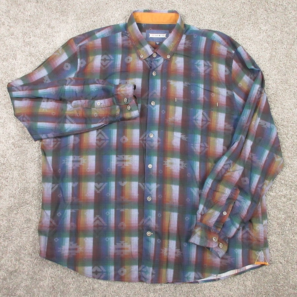 32 Bar Blues Shirt Mens 2XL Blue Plaid Colorful Linen Blend Pocket Button Up EUC